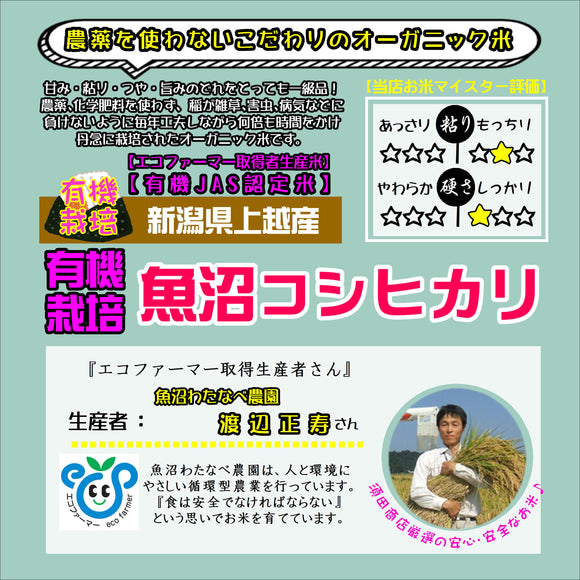 【米】令和6年産　新潟県小千谷市 有機栽培米魚沼コシヒカリ　玄米5.0kg(精米サービス)